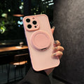 Frosted black phone case with integrated rotating magnetic bracket for IPhone 17 models on a table.