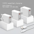 White 120W USB fast charger with US, EU, and UK plug adapters and a data cable.