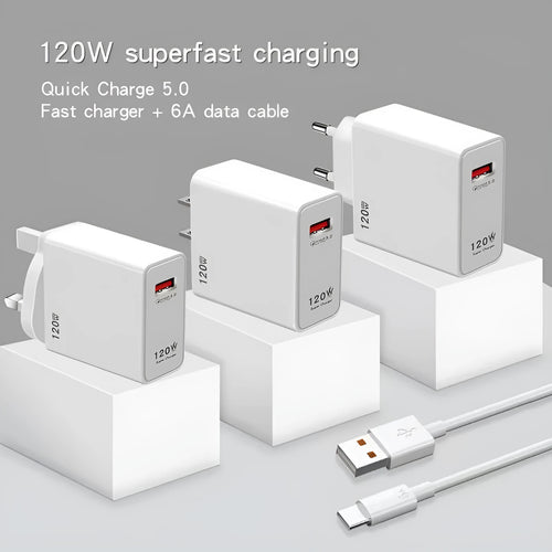White 120W USB fast charger with US, EU, and UK plug adapters and a data cable.