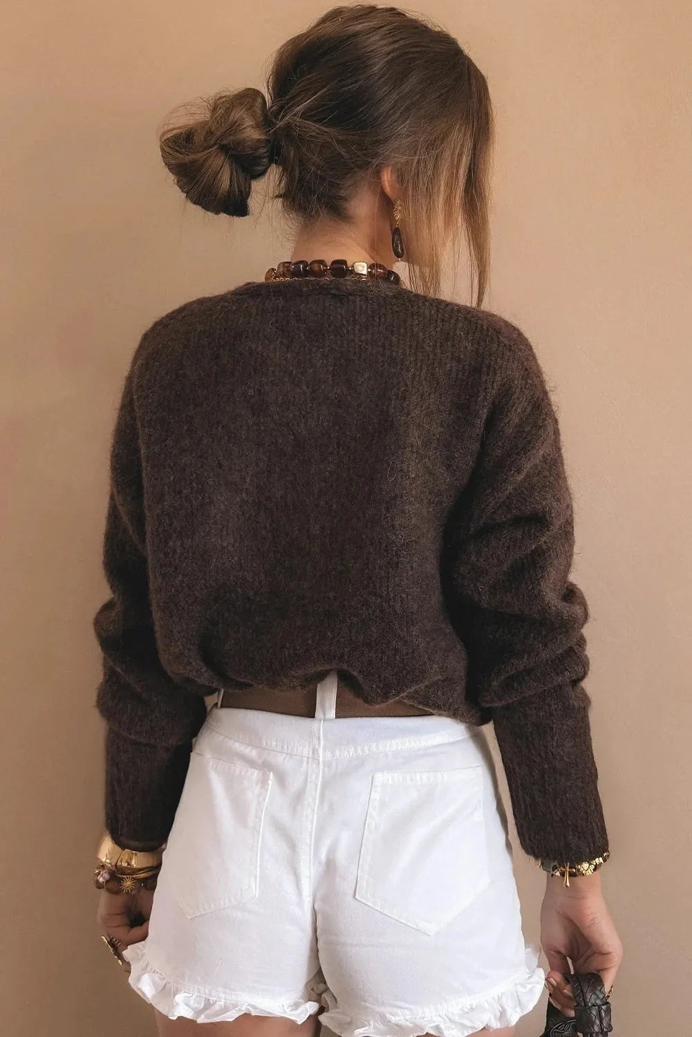 Women's loose metal buckle sweater cardigan coat in solid coffee colour, long sleeve cardigan style, sizes S to XL.