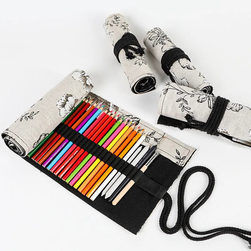 Black Peony floral print canvas pencil roll bag unrolled showing 24 or 72 holes for pencils.