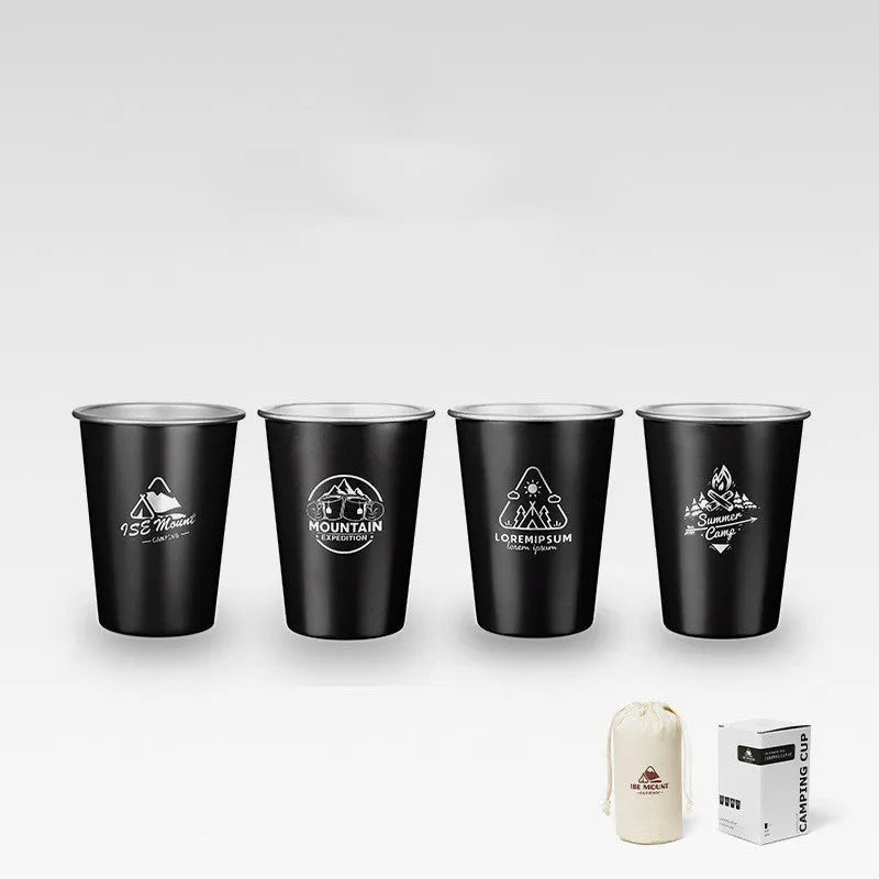 304 stainless steel camping cup set with four 350ml cups in Army Green, Black, or White