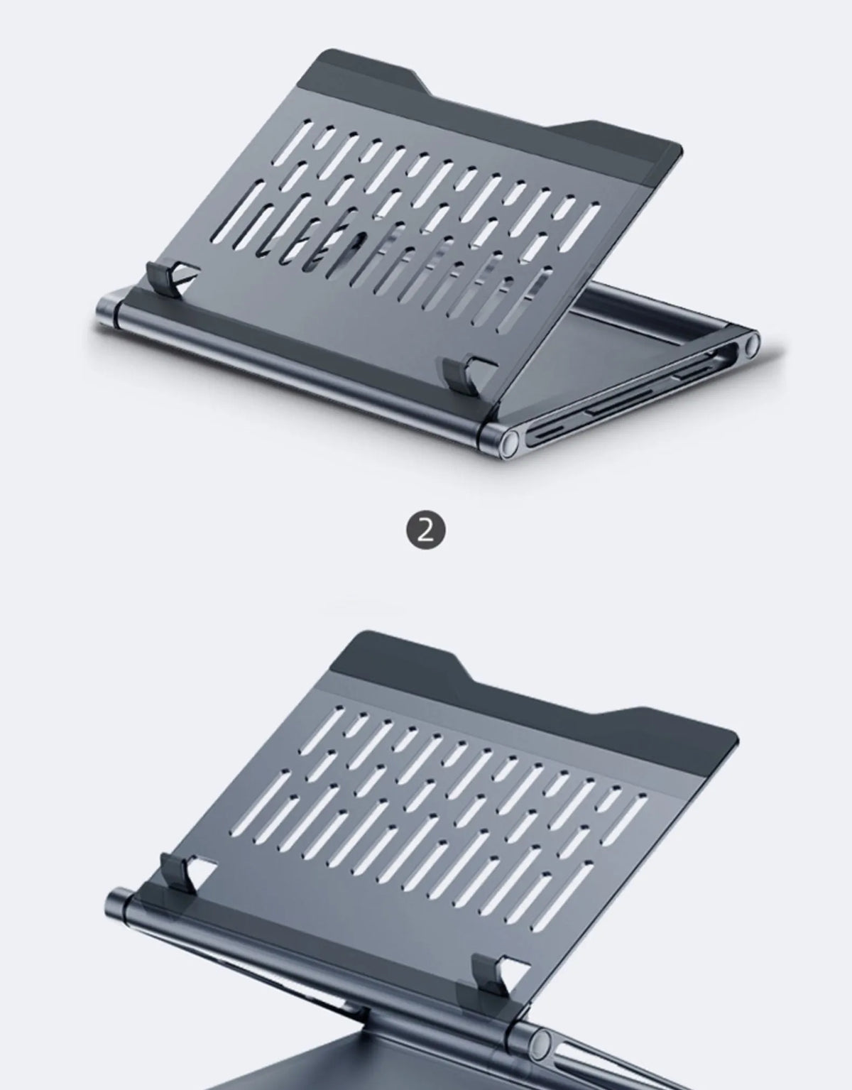 Aluminium alloy laptop stand in deep space grey with cave-type design and optional 8-in-1 docking station