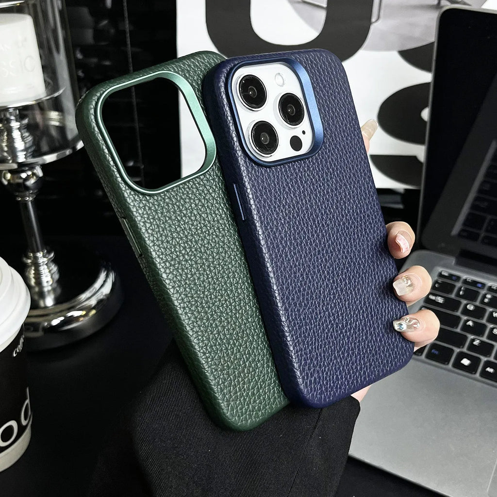 Plain leather magnetic phone case with lychee pattern in dark green, drop-resistant protective cover for iPhone