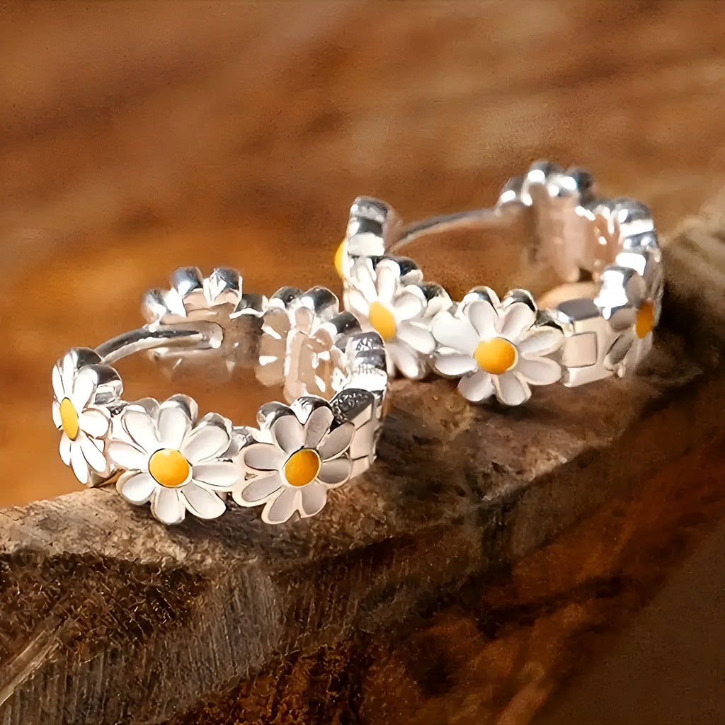 White daisy flower ring earrings with platinum gem inlay on copper electroplated construction
