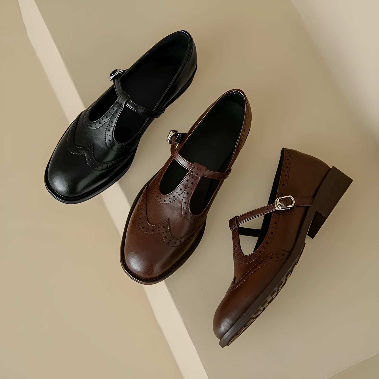 Women's retro round head Mary Jane shoes in black genuine leather with T-bar strap and rubber sole