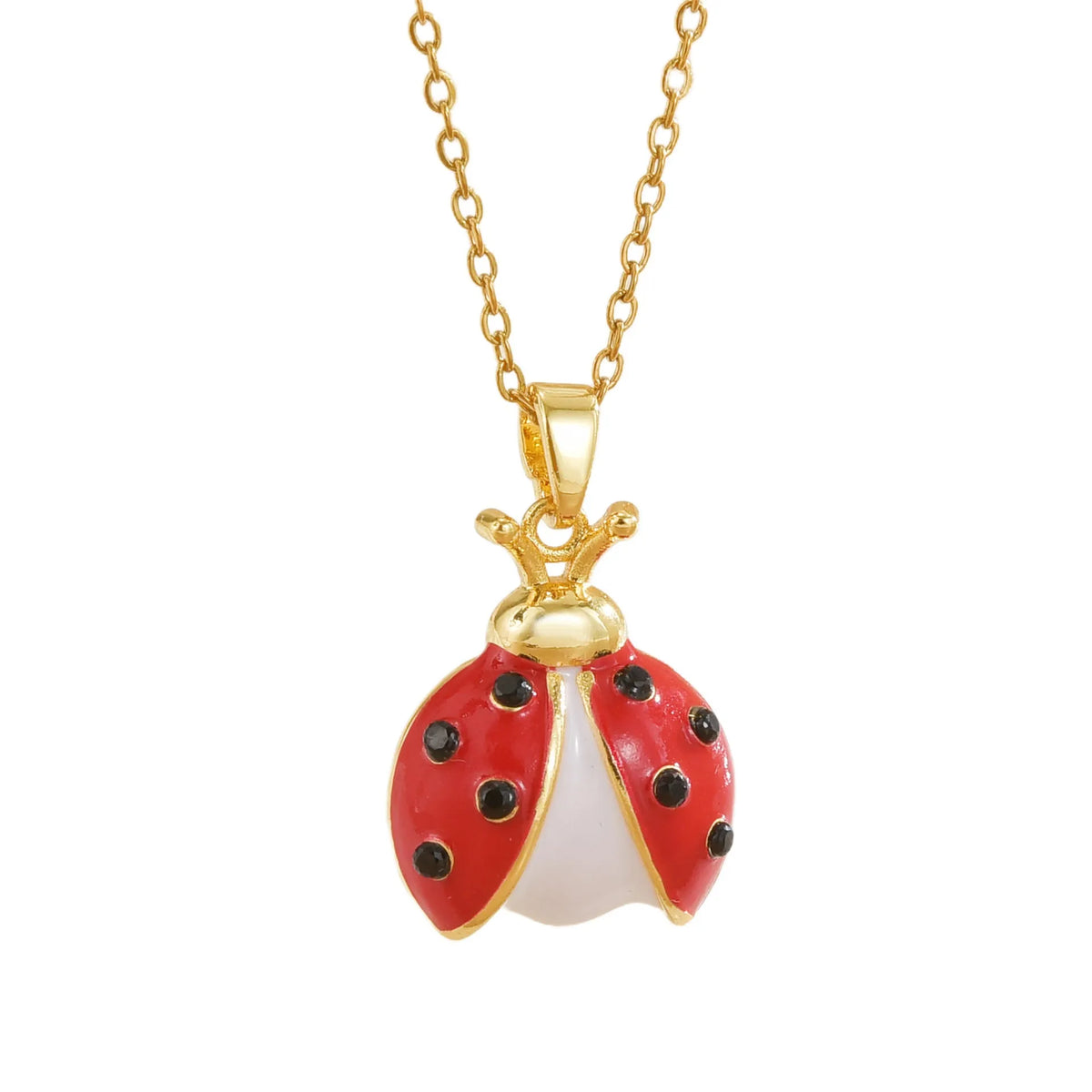 Ladybug pendant necklace with seven-spotted beetle charm, mixed gemstone inlay and copper O-link chain, 41-50cm.