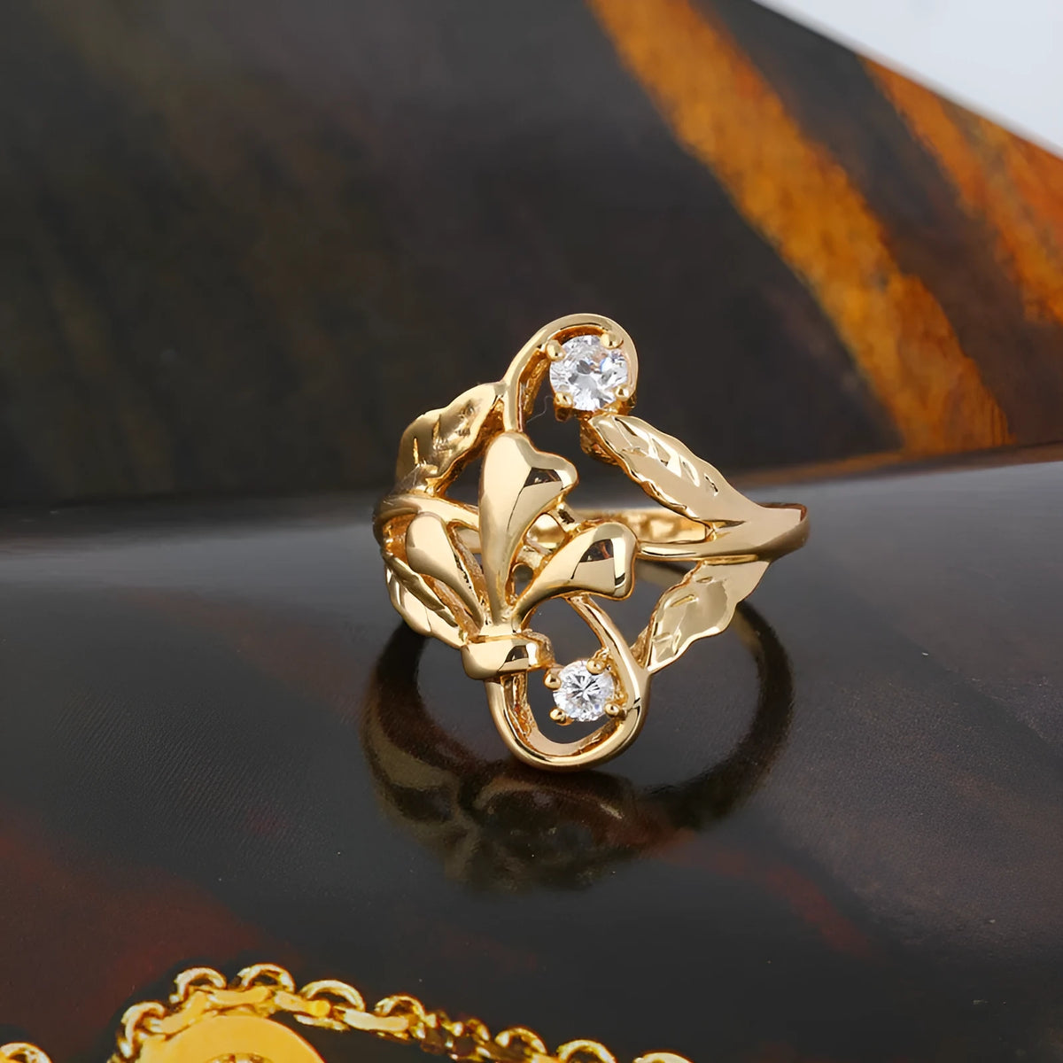Gold and white zircon irregular leaf ring with copper band, geometric women's design in sizes 5.25 to 9