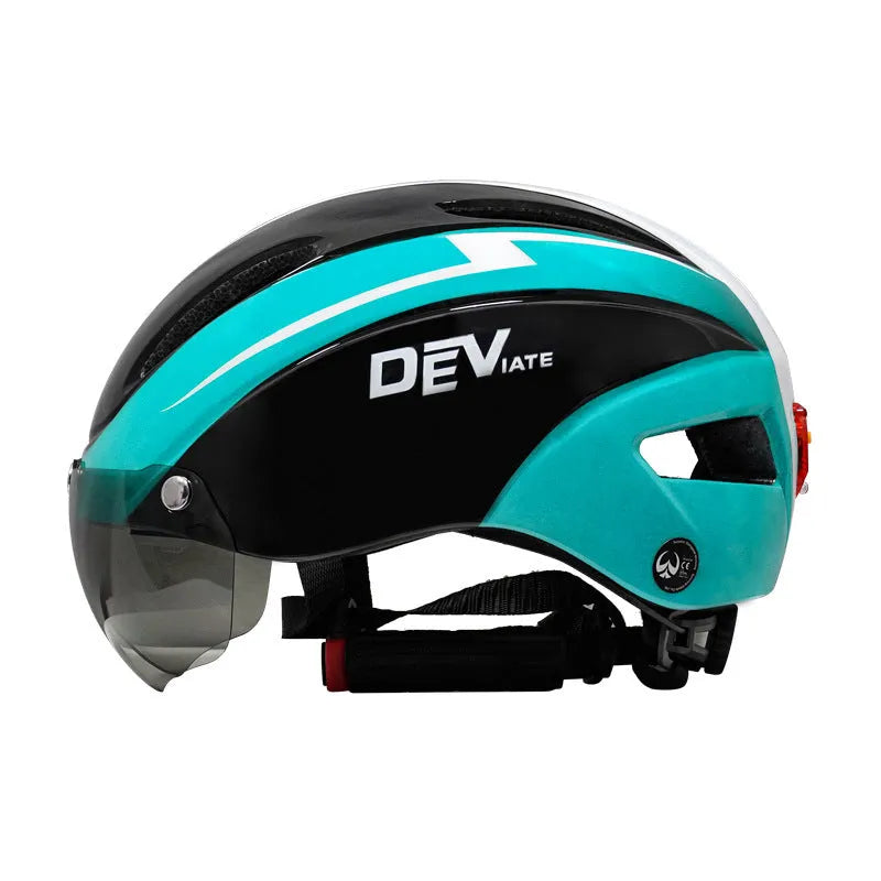 Adult cycling helmet with integrated red taillight on the back, shown in a blue, white, and black colour scheme.