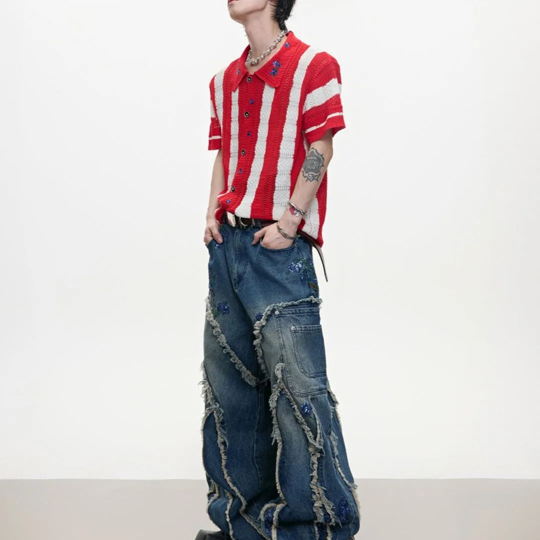 Men's patchwork striped retro knitted short sleeved shirt in loose fit design