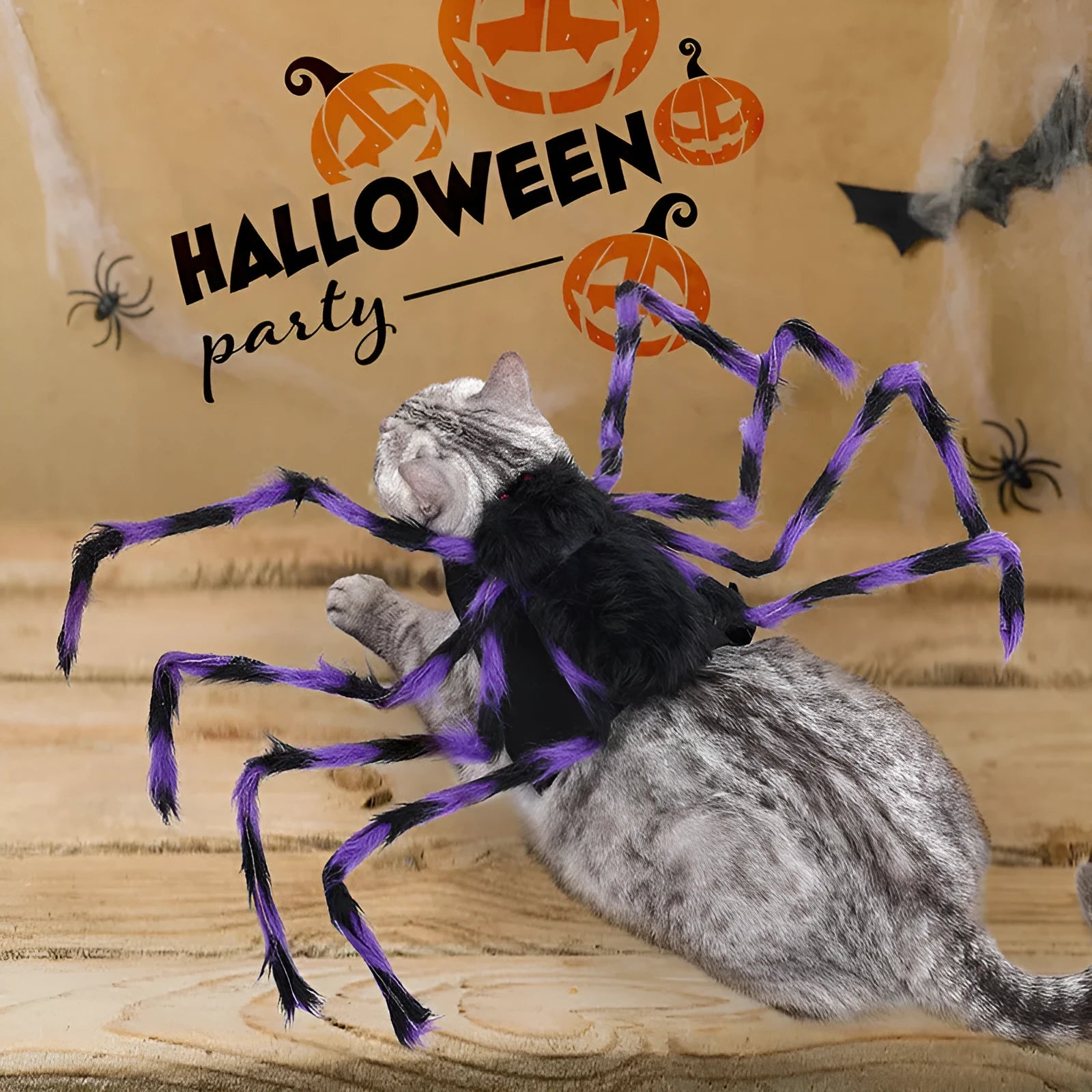 Grey polyester Halloween spider costume for a dog showing spider leg design.