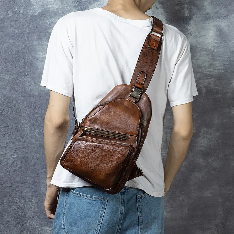 Men's genuine leather retro hand-rubbed crossbody messenger bag 8 inch large capacity black colour