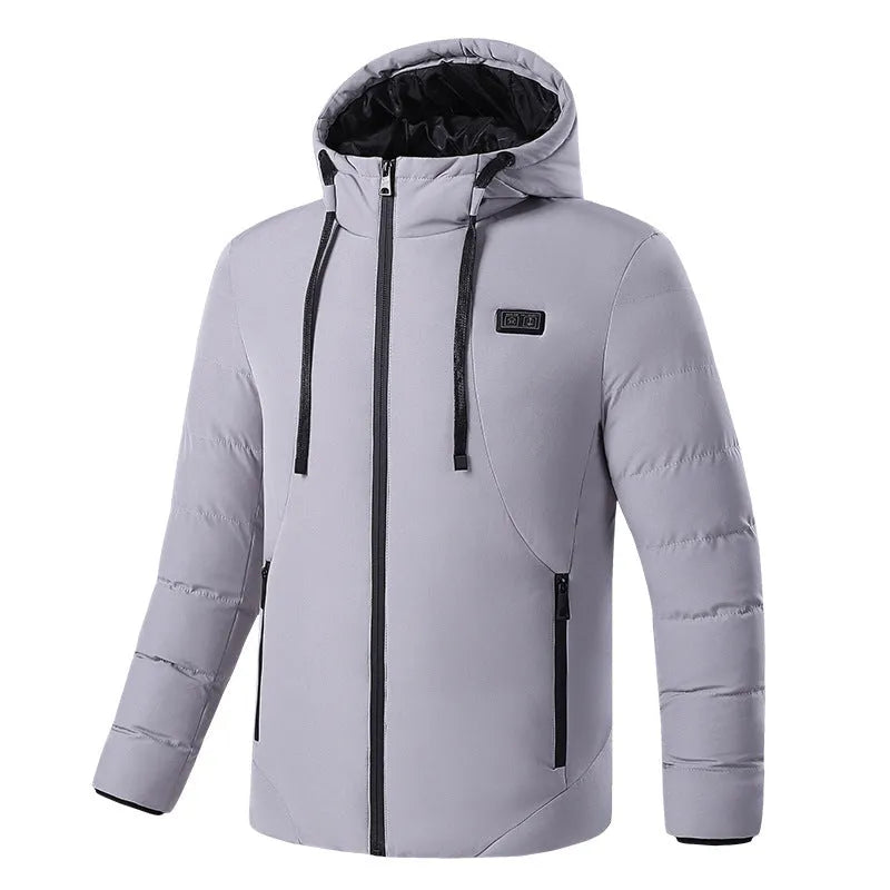 11-zone USB carbon fibre heating jacket in military green with dual-control panel, cotton leisure style, front view