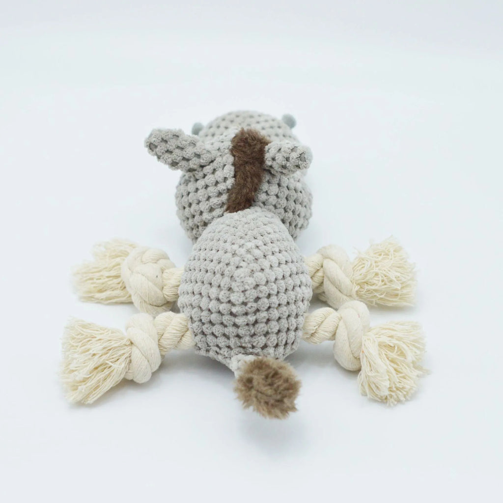 Grey donkey-shaped plush dog toy with cloth velvet texture and creak sound mechanism
