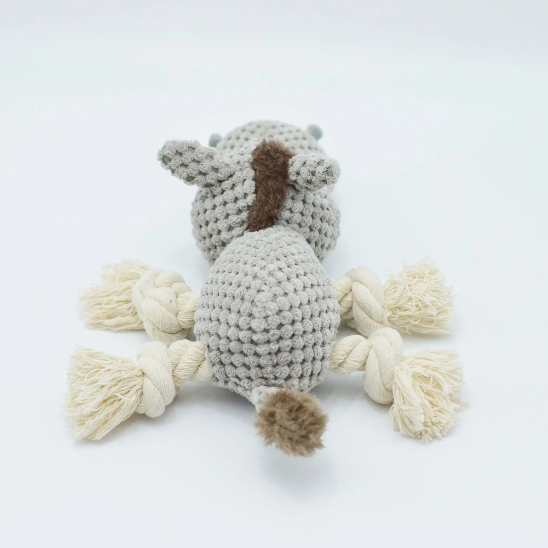 Grey donkey-shaped plush dog toy with cloth velvet texture and creak sound mechanism