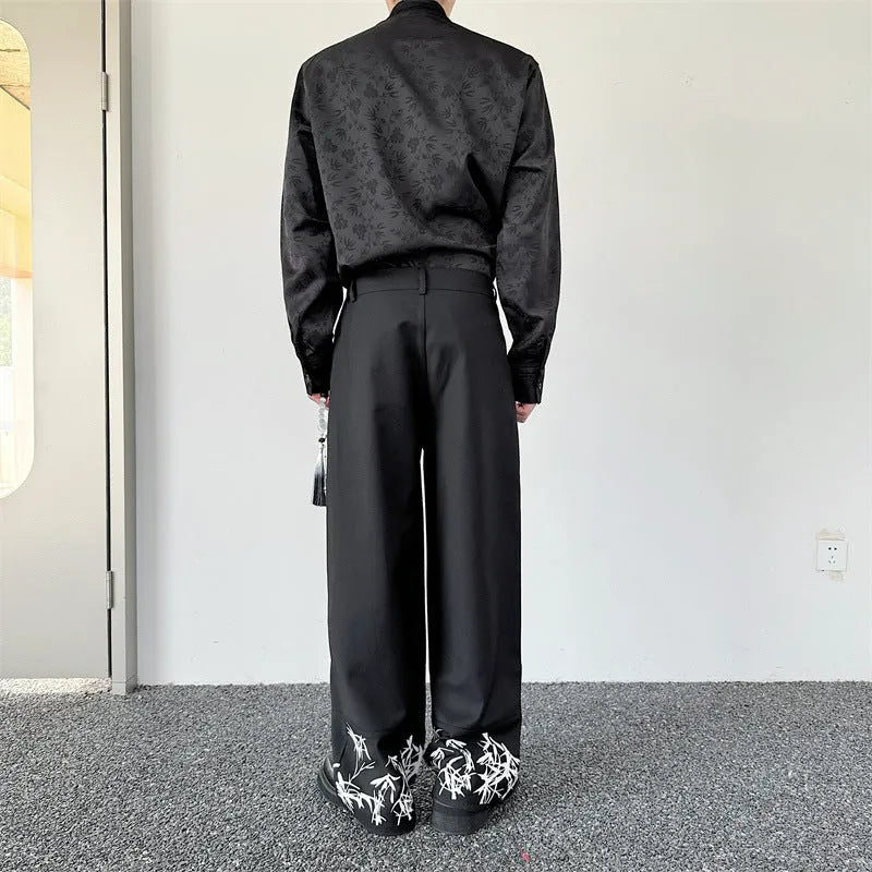 Black pleated wide leg trousers with straight cut, medium elastic waist and fold craft, sizes M L XL