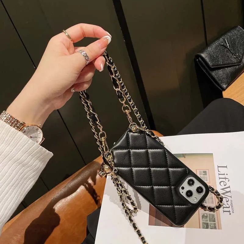 Xiaoxiangfeng imitation leather iPhone case with adjustable messenger strap and golden ball detail
