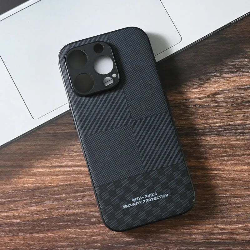 Black creative anti-fall imitation leather phone case for iPhone with wave pattern, shockproof and fingerprint-proof design.