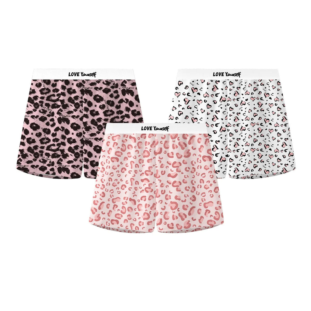 Men's leopard print woven boxer briefs in ice silk polyester fabric showing animal pattern design