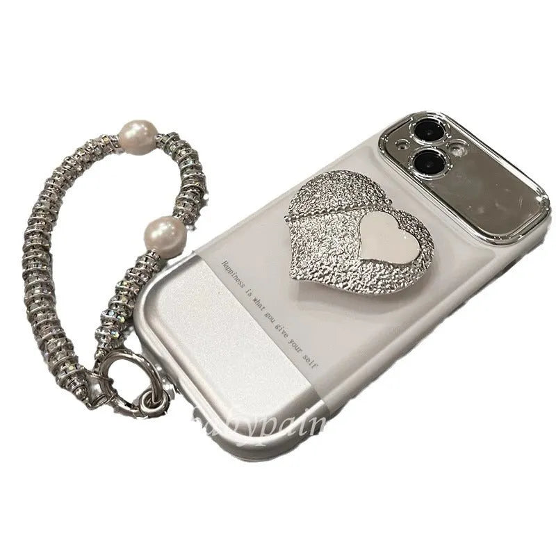 Silver white Korean style TPU phone case with electroplated love bracket for iPhone 14 Pro Max