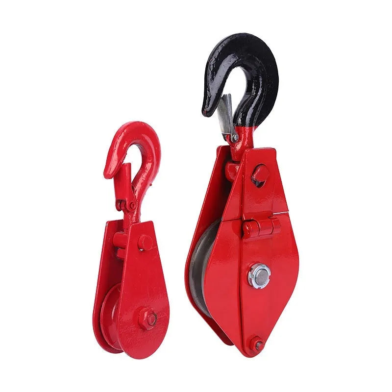 Red industrial lifting pulley with a forged steel hook and safety latch, rated for general lifting use.