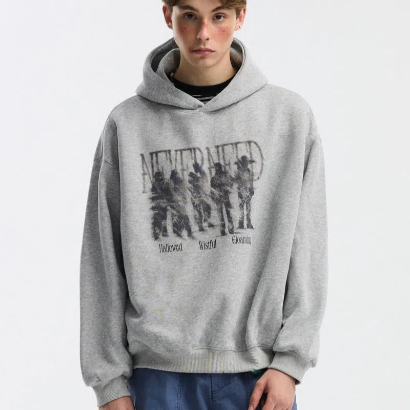 Men's blurred portrait print cotton hooded sweatshirt in loose fit pullover style, black colour
