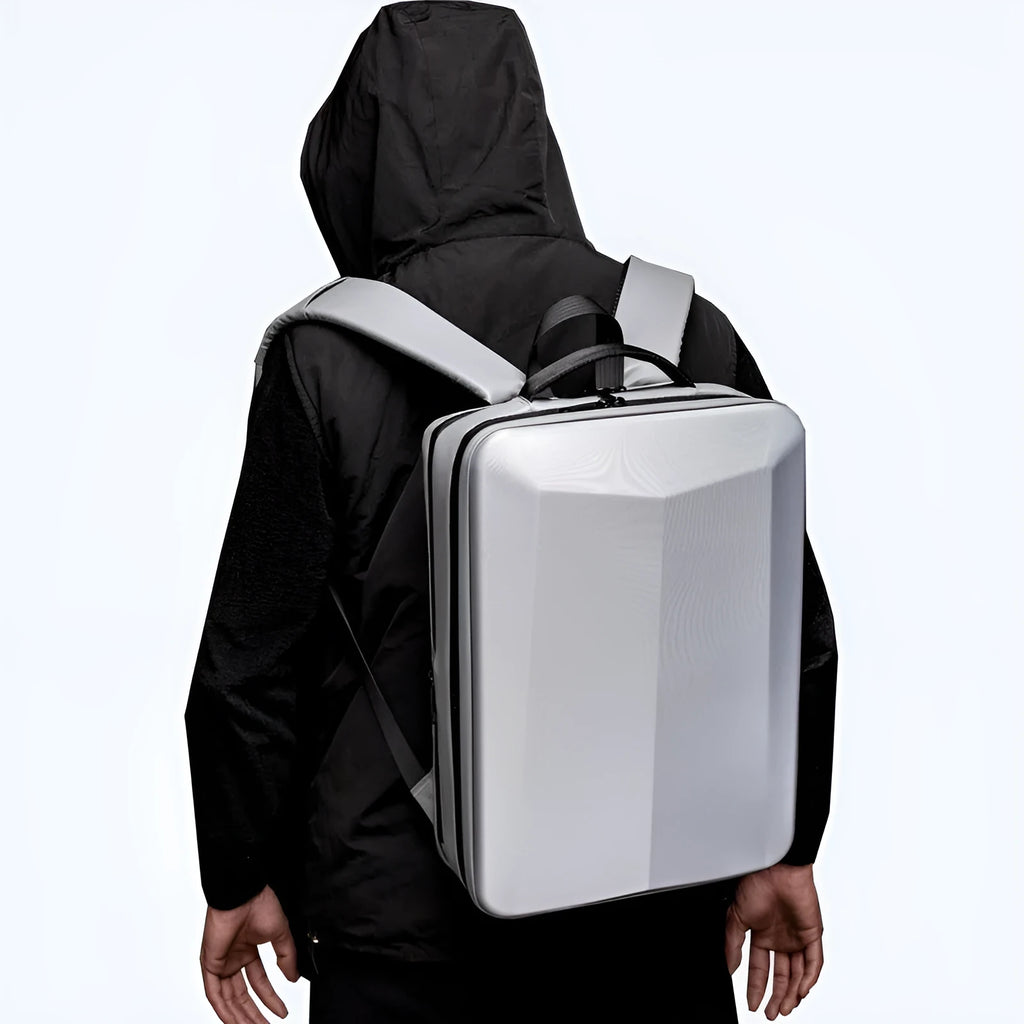 Black waterproof business backpack with curved shoulder straps and Oxford cloth construction