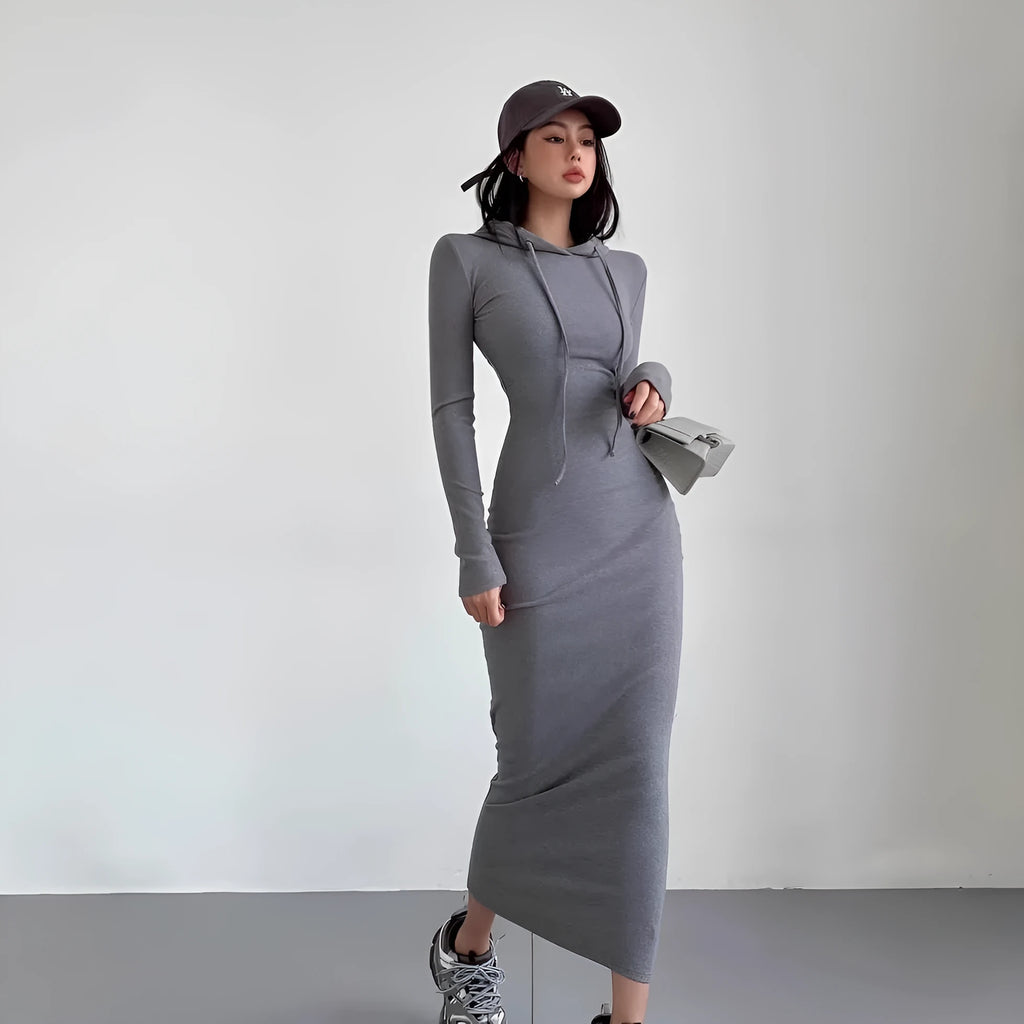Women's grey sheath dress with hooded long sleeve underlayer and high waist design