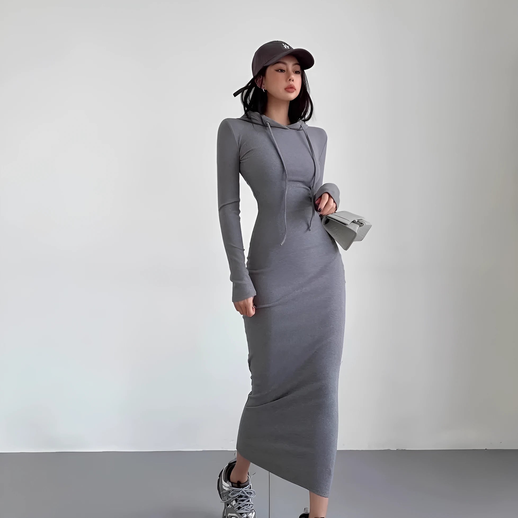 Women's grey sheath dress with hooded long sleeve underlayer and high waist design