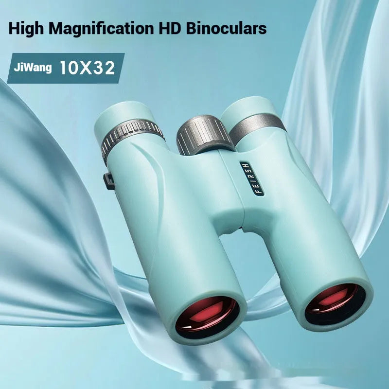 Blue 10x32 binoculars with wine red lenses showing 112mm compact dimensions