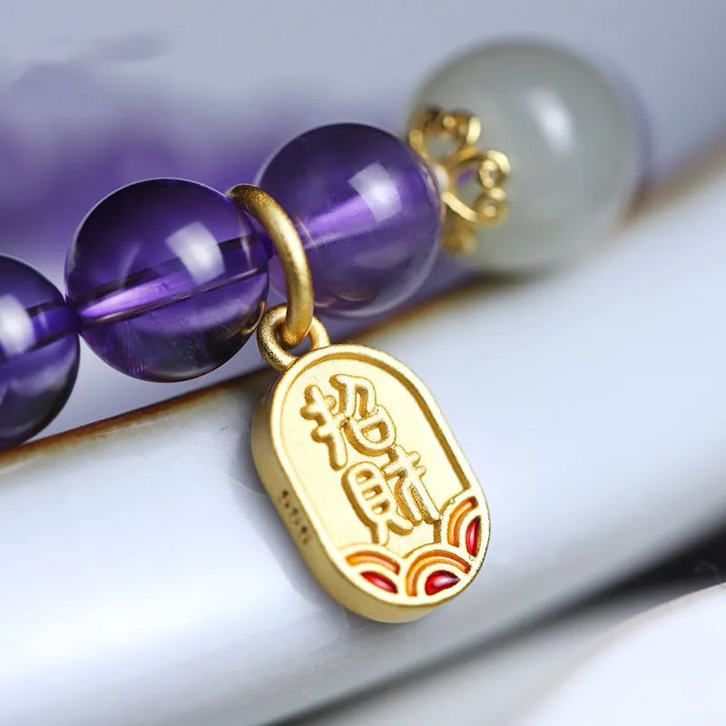 Purple amethyst crystal bracelet with 8mm beads in geometric Chinese design for women
