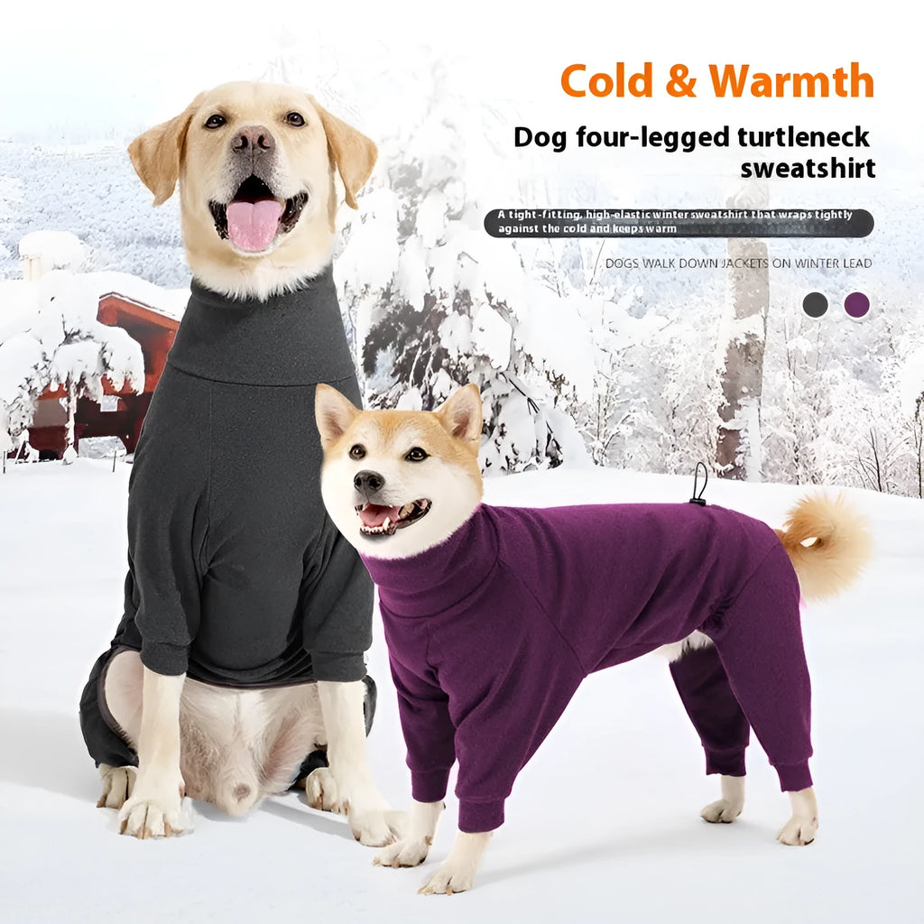 Dark gray four-legged dog coat with high collar made of polar fleece fabric on a dog