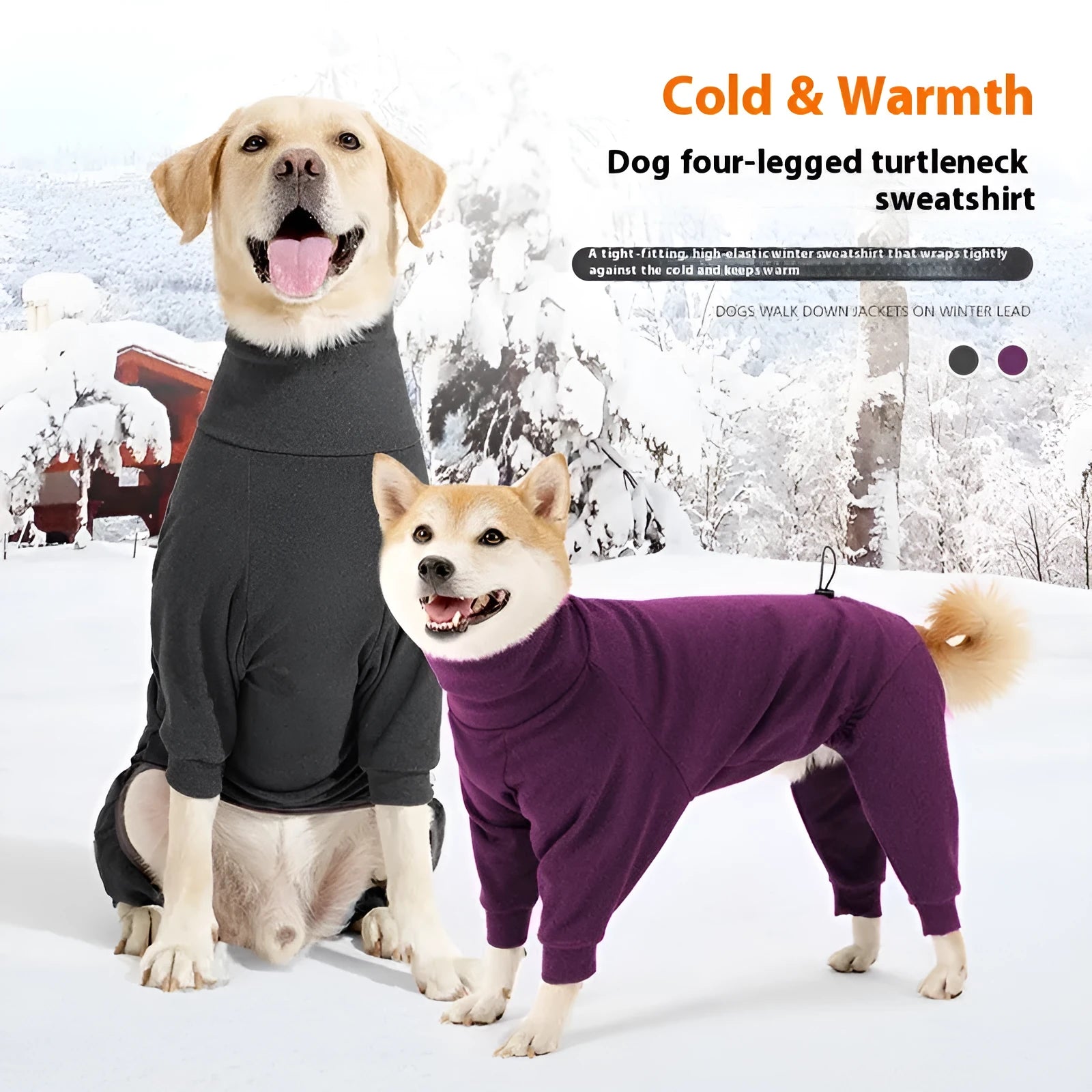 Dark gray four-legged dog coat with high collar made of polar fleece fabric on a dog