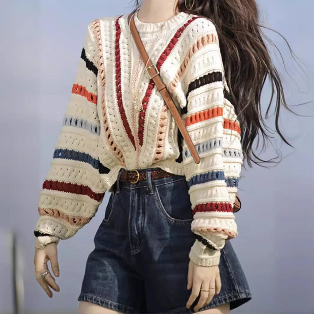 Colourful rainbow striped hollow knit sweater with batwing sleeves and round neck