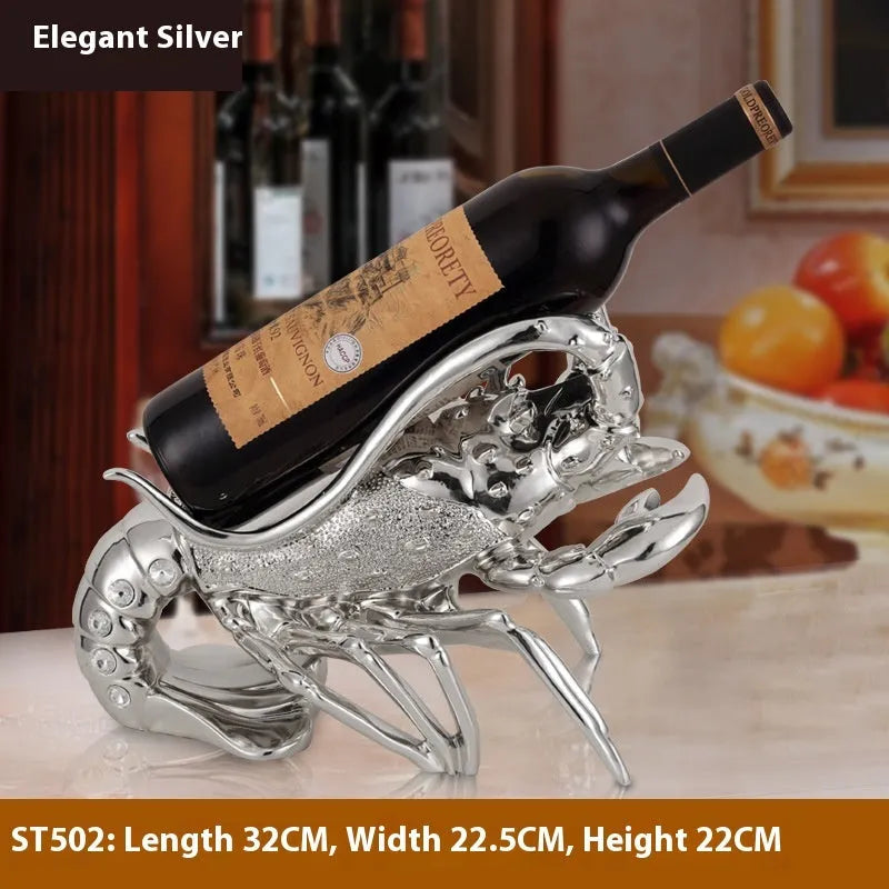 Lobster-shaped resin wine rack in silver or rose gold holding two bottles
