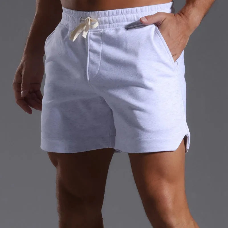 Men's below-knee cotton workout capris in light gray, loose straight fit, mid waist, sizes S-4XL.