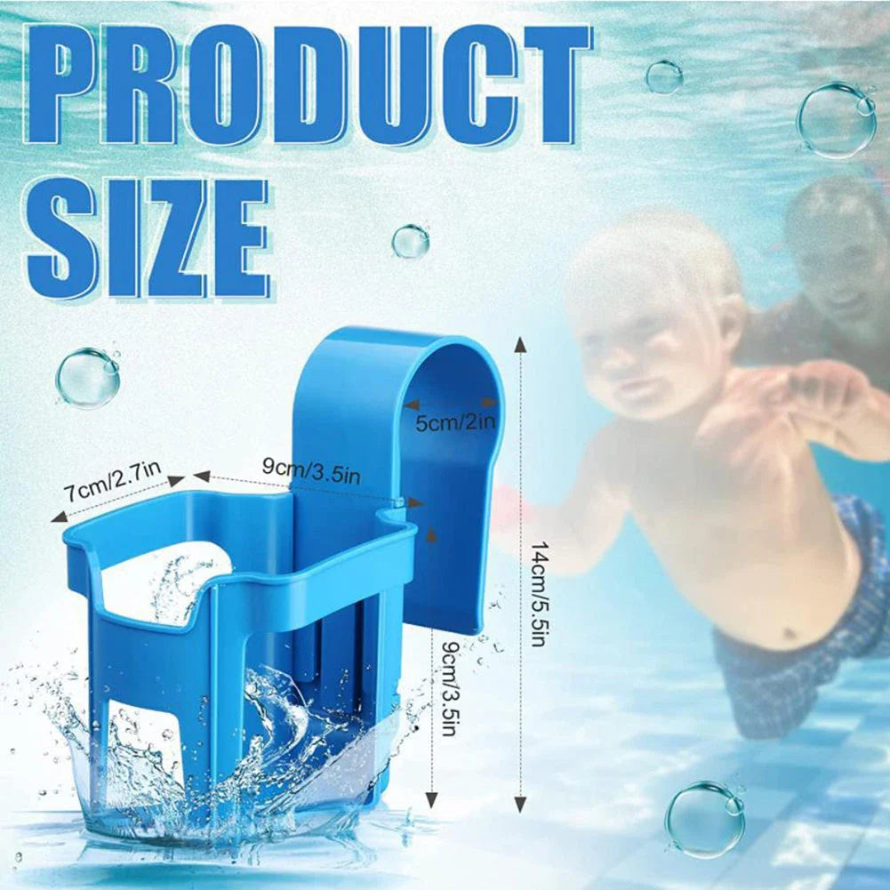 Poolside drink holder securely clips onto pool edge to hold beverages for kids and adults, preventing spills