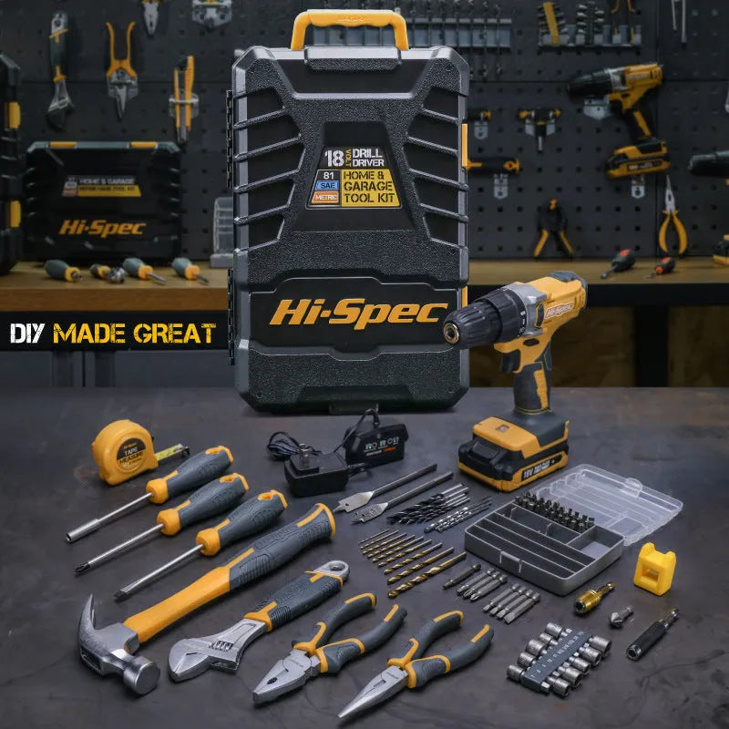 Grey-yellow 82-piece furniture installation tool kit with chrome-vanadium steel tools in protective case