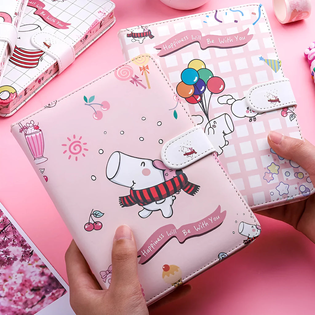Kaba Bear small white magnetic buckle notebook showing closed position with dimensions 135mm x 185mm