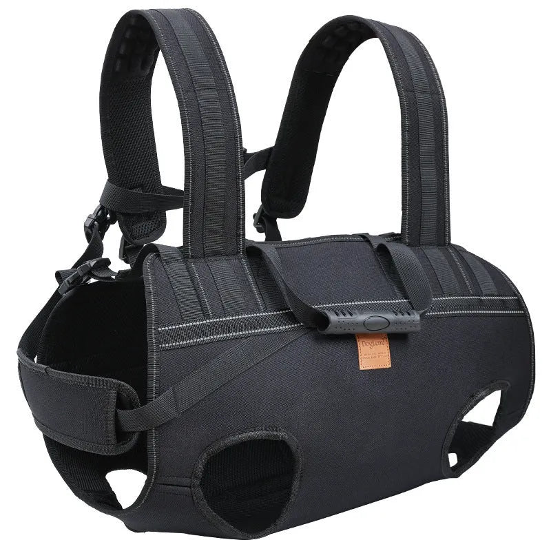 Black soft Oxford cloth dog backpack carrier for XL, 2XL, and 3XL large dogs.