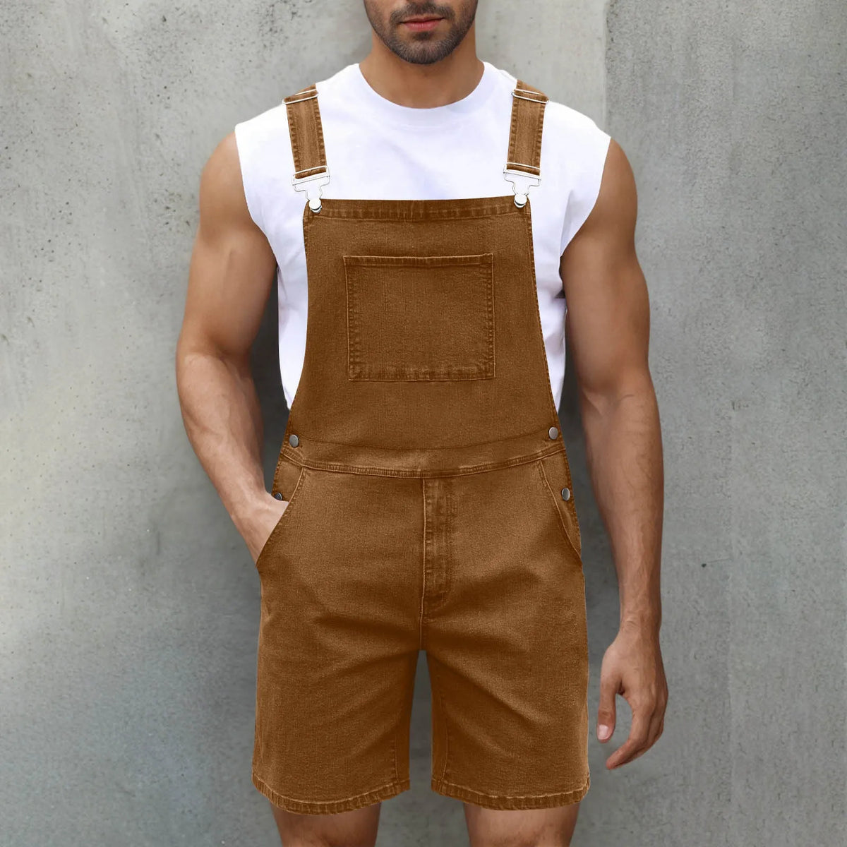 Men's straight-leg cotton denim shorts with zip fly, shown in dark blue, light blue, and black.