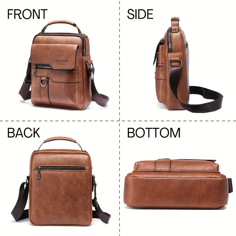 Brown men's PU leather crossbody shoulder bag with adjustable strap, top handle, multiple pockets, and card holder wallet.