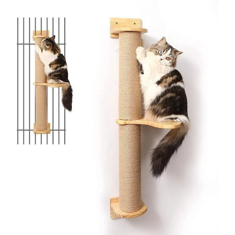 Wooden wall-mounted cat climbing frame with flax rope scratching posts and jumping platform