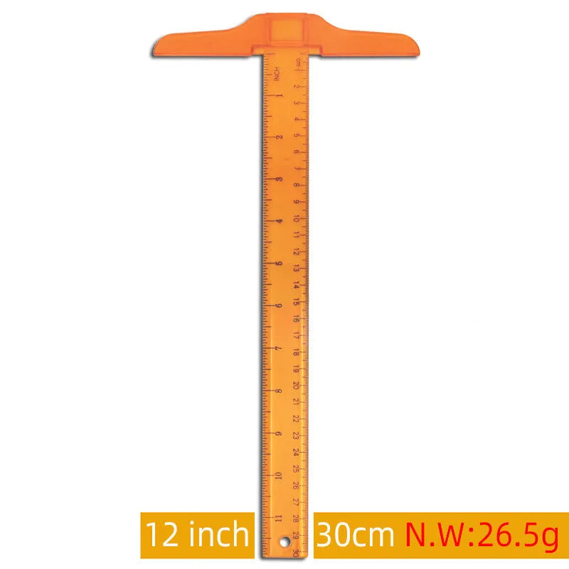 30cm plastic T-shaped ruler for student art supplies in transparent or orange yellow with double centimetre scale