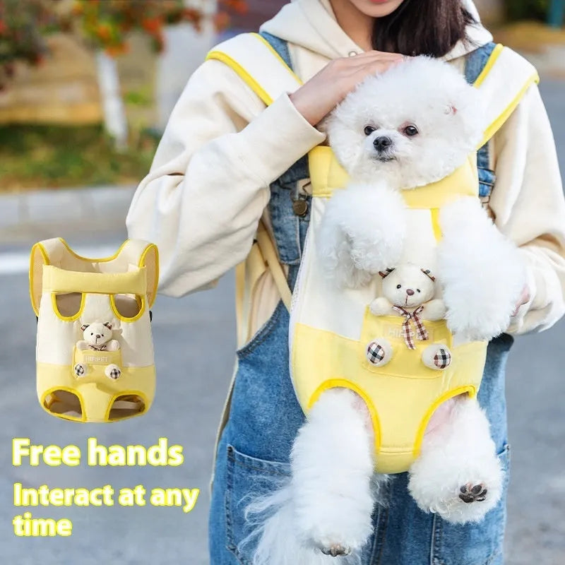 Cartoon pet chest carrier bag with animal pattern in soft canvas material with adjustable straps