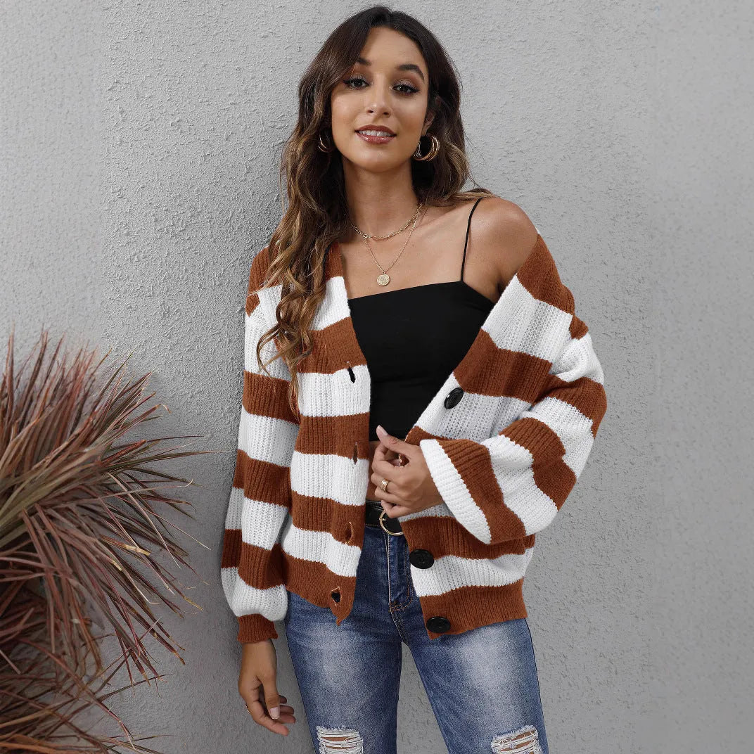 Women's striped button-front cardigan in deer plush fabric available in four colours.