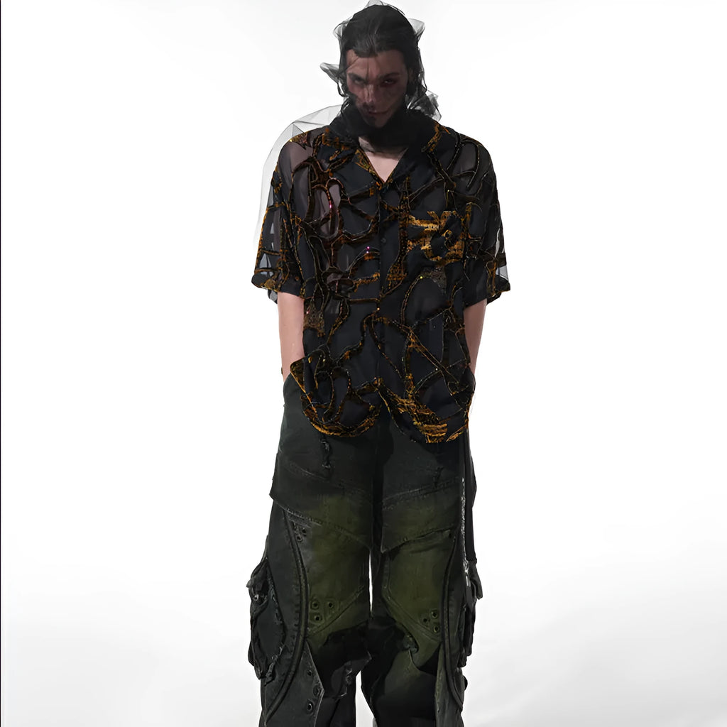 Men's black and grey snake pattern translucent short-sleeved shirt with lapel collar
