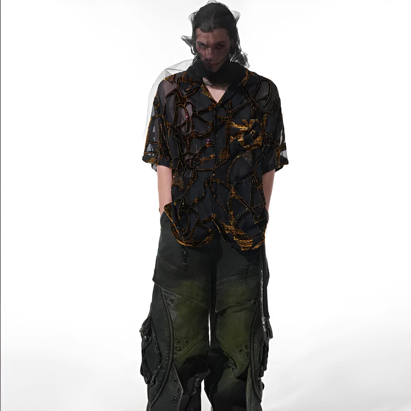 Men's black and grey snake pattern translucent short-sleeved shirt with lapel collar