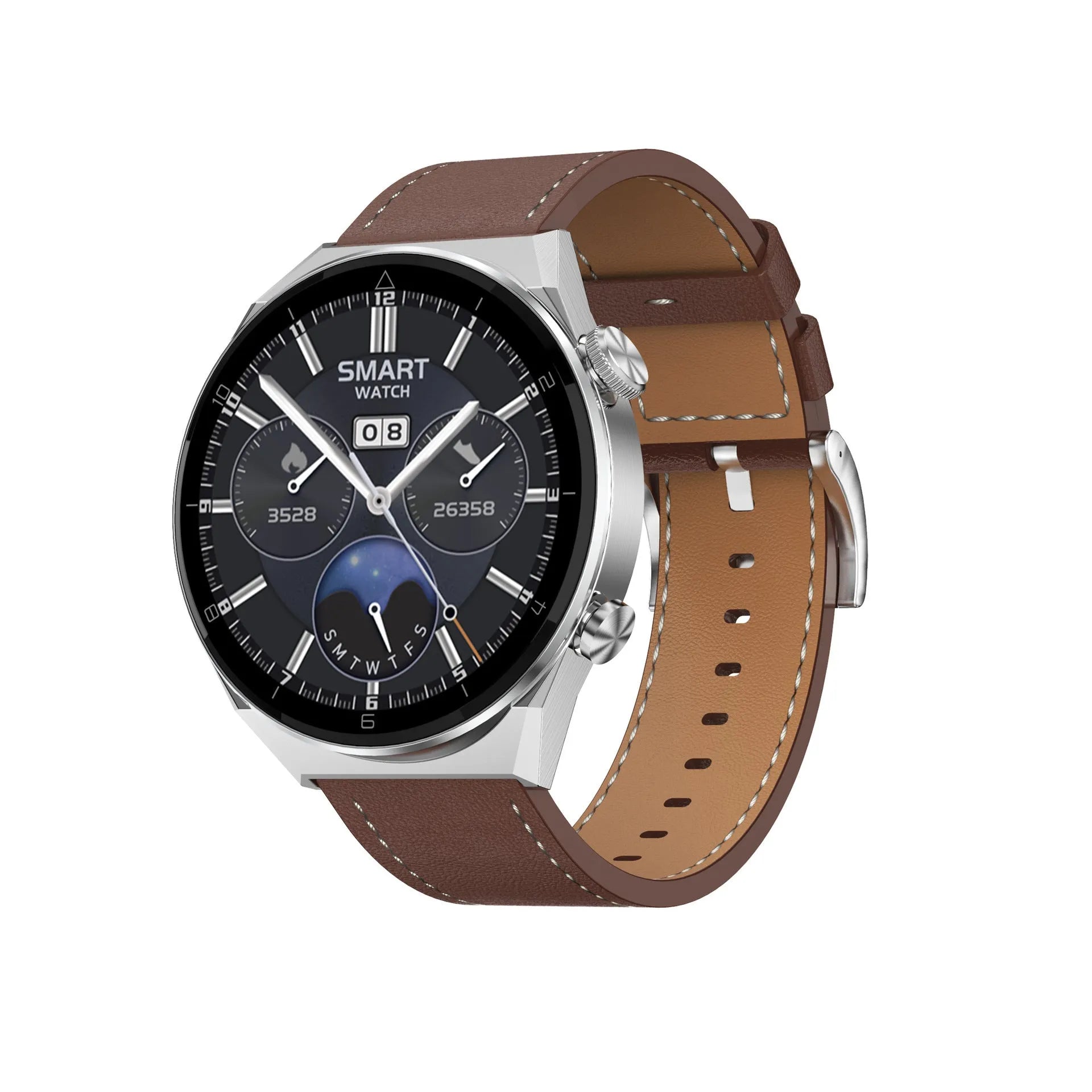 Black smartwatch with 46mm case, silicone strap, and 1.45-inch touch screen showing heart rate data.