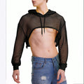Black men's micro-transparent cutout long sleeve slim fit pullover top, cotton blend, sizes S-XXXL